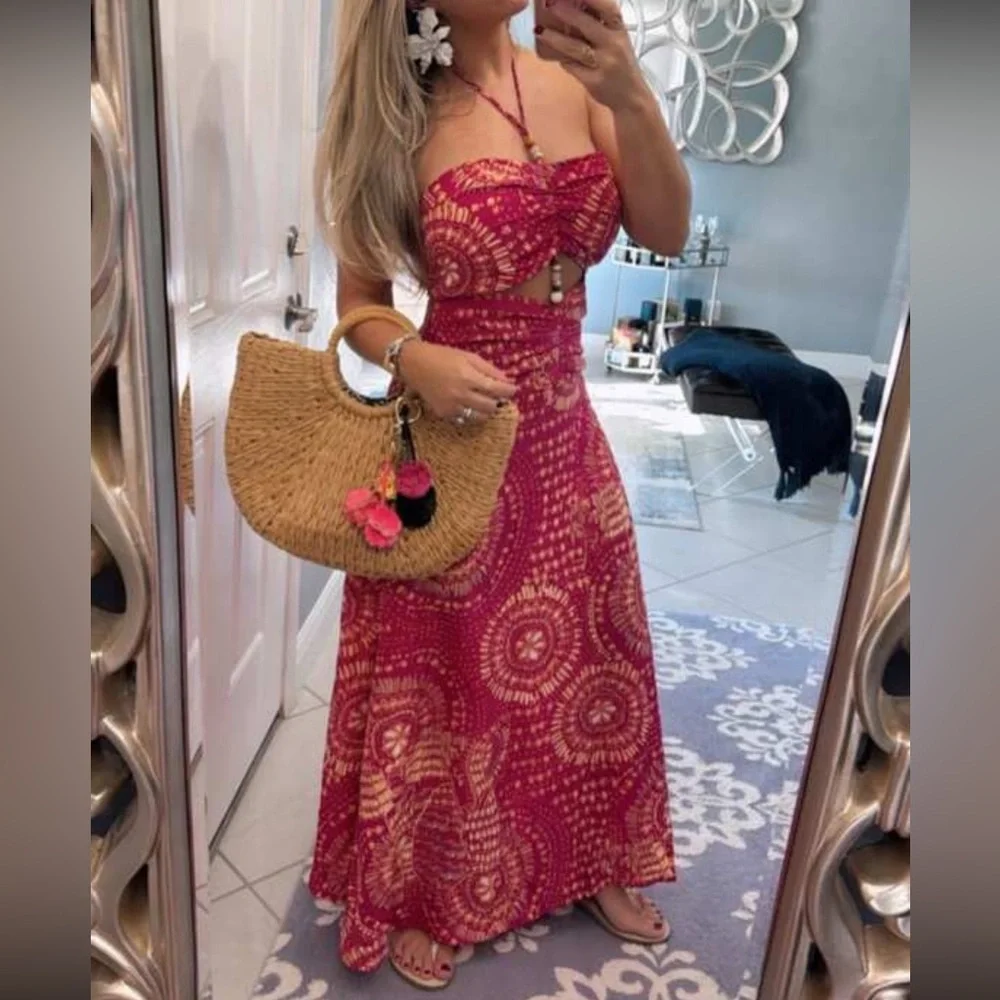 Elegant Boho Pink Cutout Bead Halter Maxi Dress - Picture 7 of 7